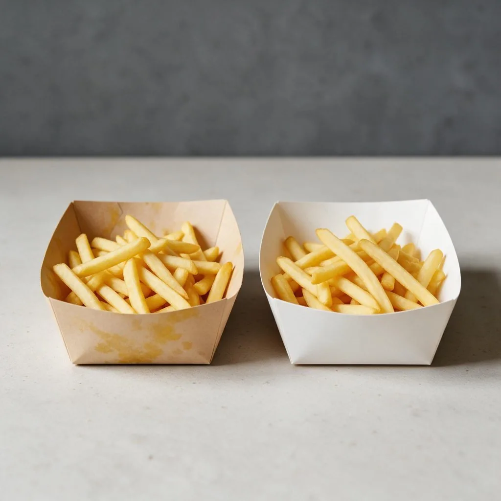 Two cardboard fries trays side by side. The left tray is stained with grease. The right tray is clean.