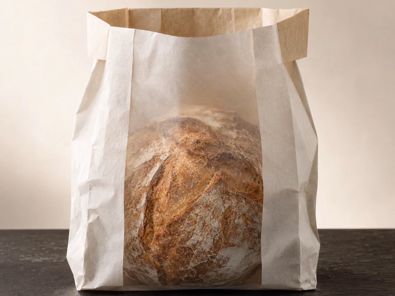A paper bread bag with a Vetrino window: the loaf shows through the transparent paper. Illustration.